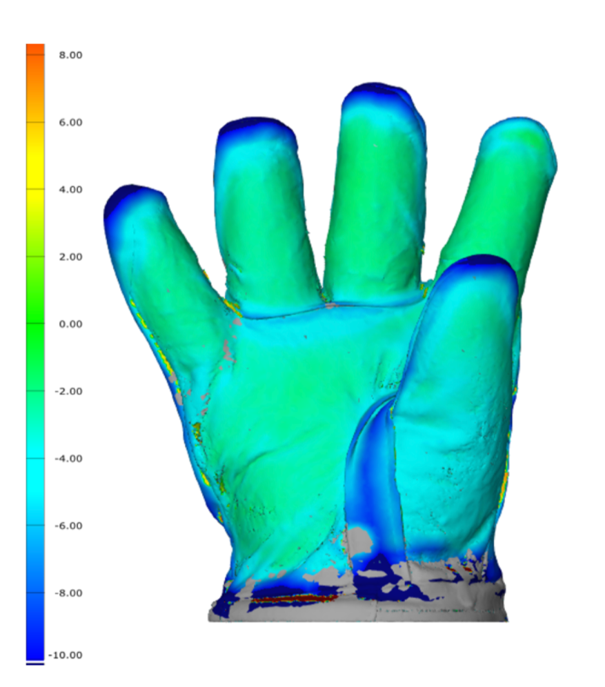 Color deviation map of a 3D-scanned firefighter glove showing gaps between interior and exterior layers